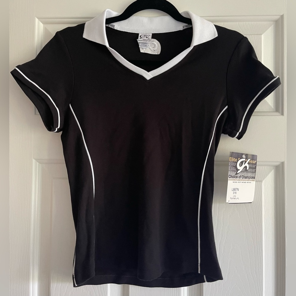 NWT GK Elite Gymnastics Black & White Fitted Polo Shirt Top Size L Kids S Ladies